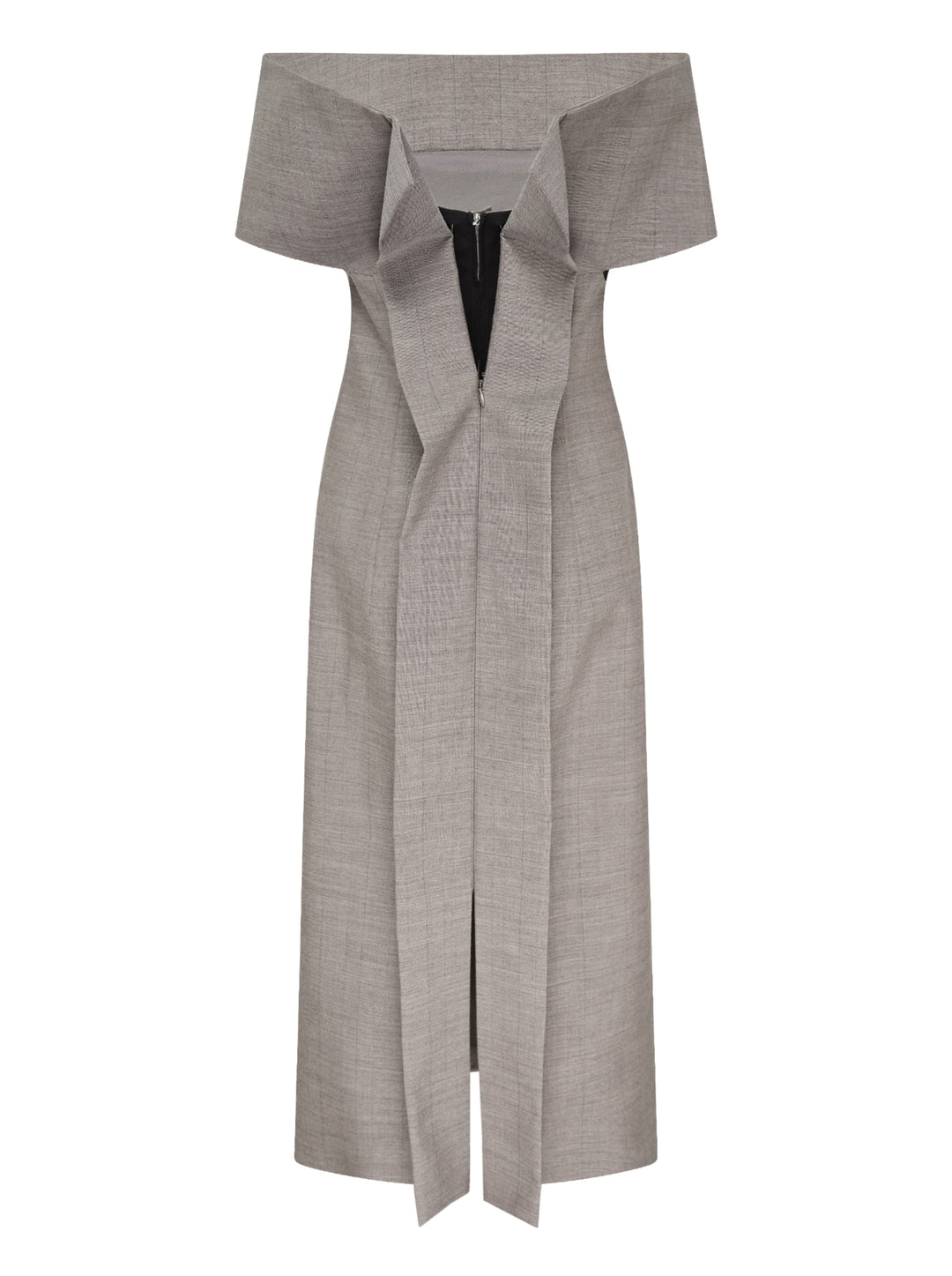 Jil Sander grey subtle check wool midi dress with off-the-shoulder neckline and short cap sleeves - view 2