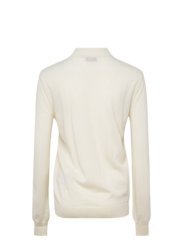 Jil Sander ivory long sleeve mock-neck cashmere jumper with sculptural chevron pleated chest detail, displayed flat on white background - view 2