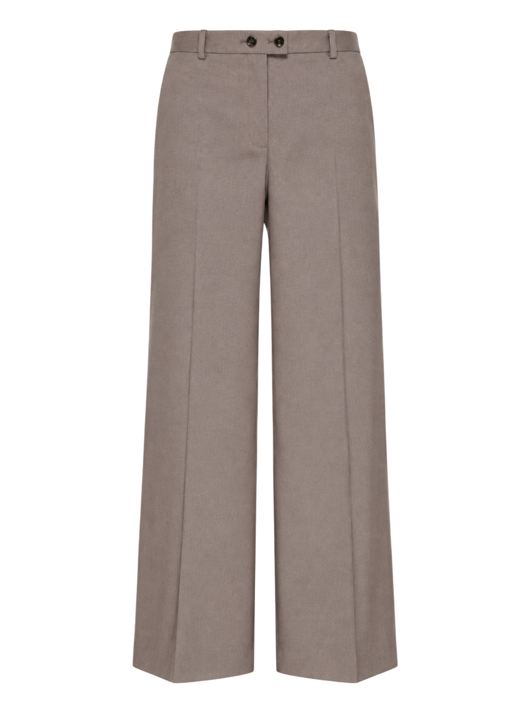 Jil Sander wide-leg stretch wool trousers in taupe with front creases, double-button waist, and belt loops, styled flat on a white background