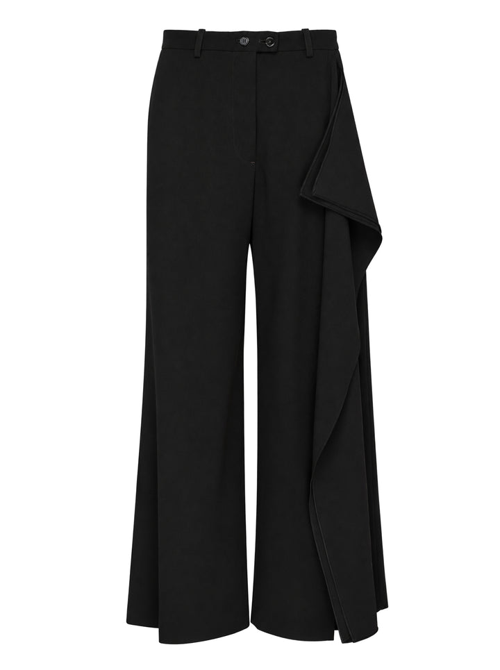 Jil Sander black wide-leg trousers with a cascading draped panel and button-fastened waistband, shown from the front