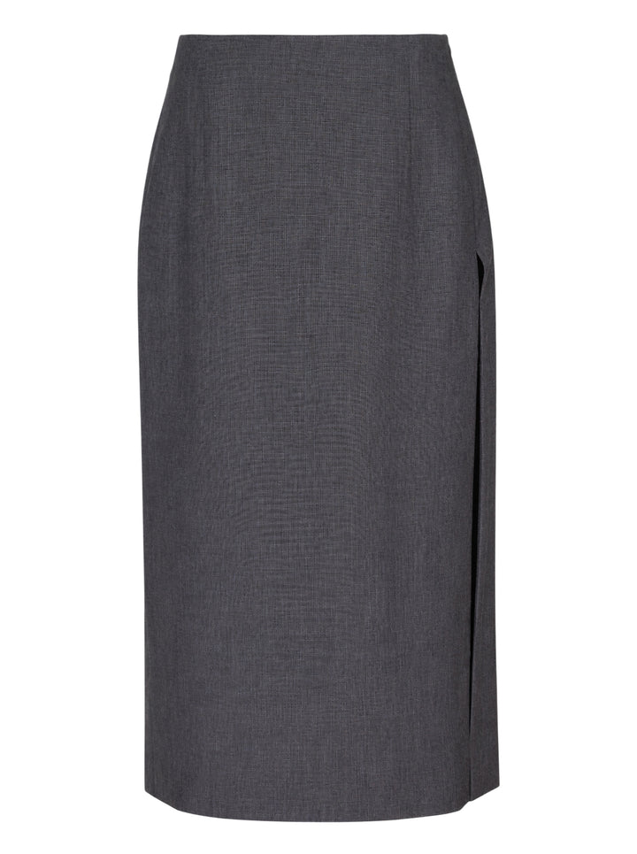 Jil Sander charcoal grey wool mohair pencil skirt with a high waist and side slit, shown front view
