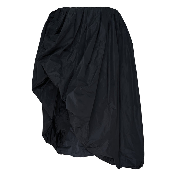 Jil Sander black recycled light polyester skirt with gathered waistband, dramatic draped front panel, and asymmetric hem, shown on white background