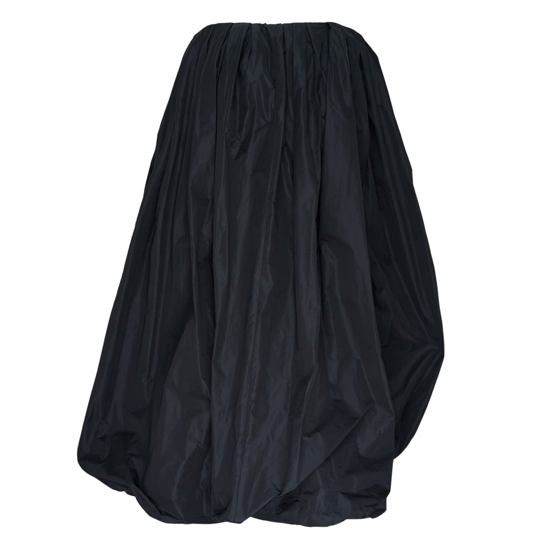 Jil Sander black recycled light polyester skirt with gathered waistband, dramatic draped front panel, and asymmetric hem, shown on white background