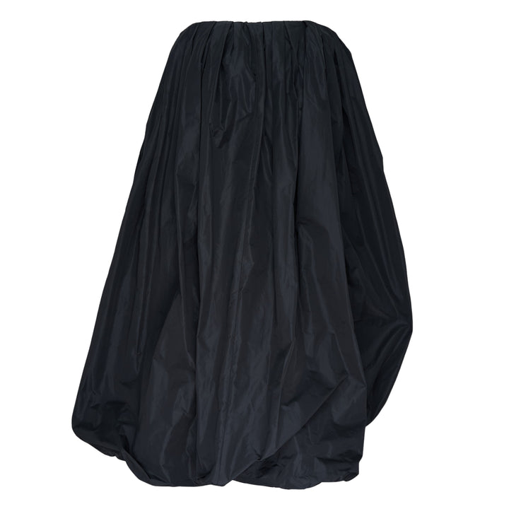 Jil Sander black recycled light polyester skirt with gathered waistband, dramatic draped front panel, and asymmetric hem, shown on white background