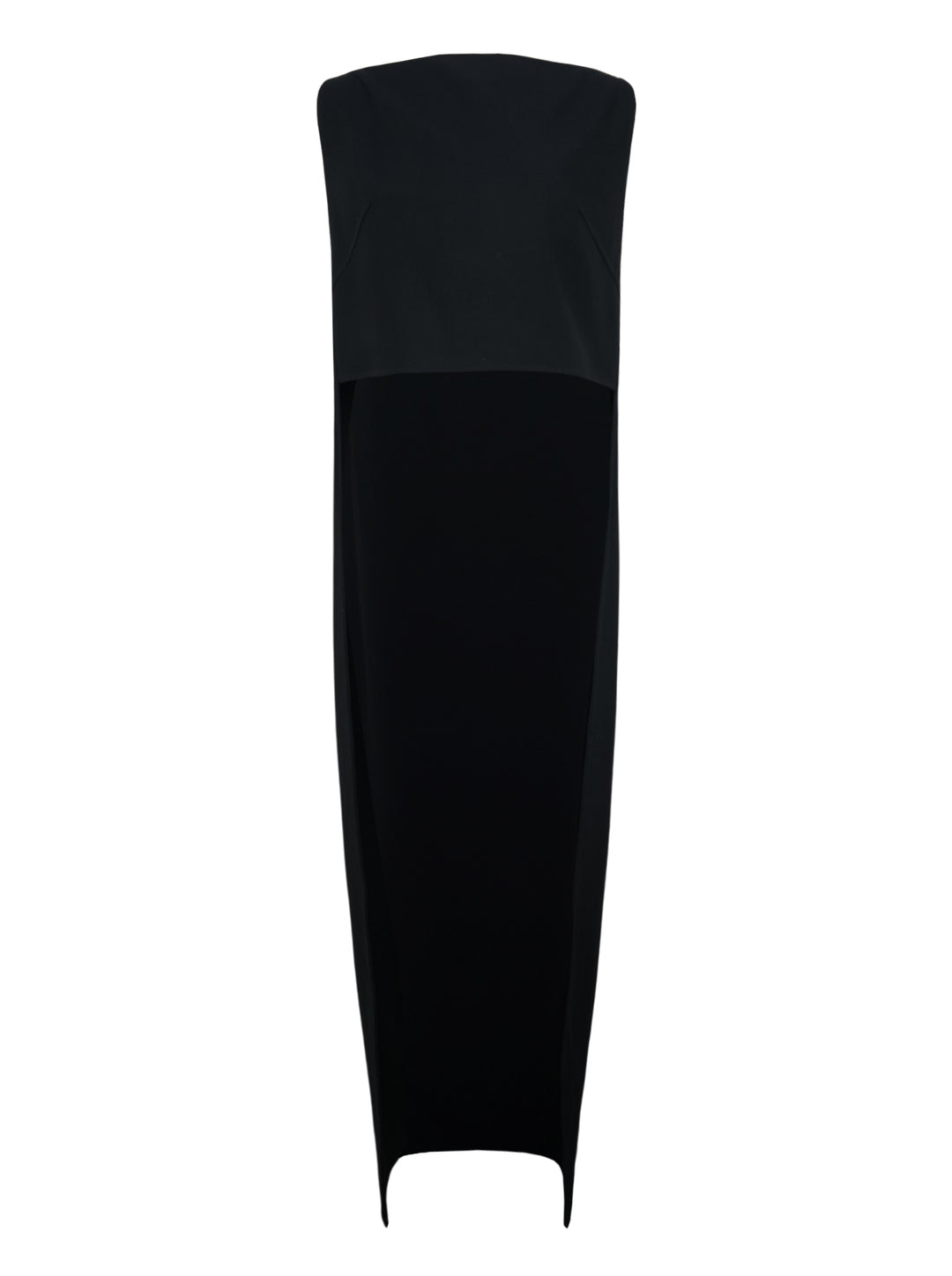Jil Sander black strapless top with structured bodice, column silhouette, and double split hem detail, shown front-facing on white background