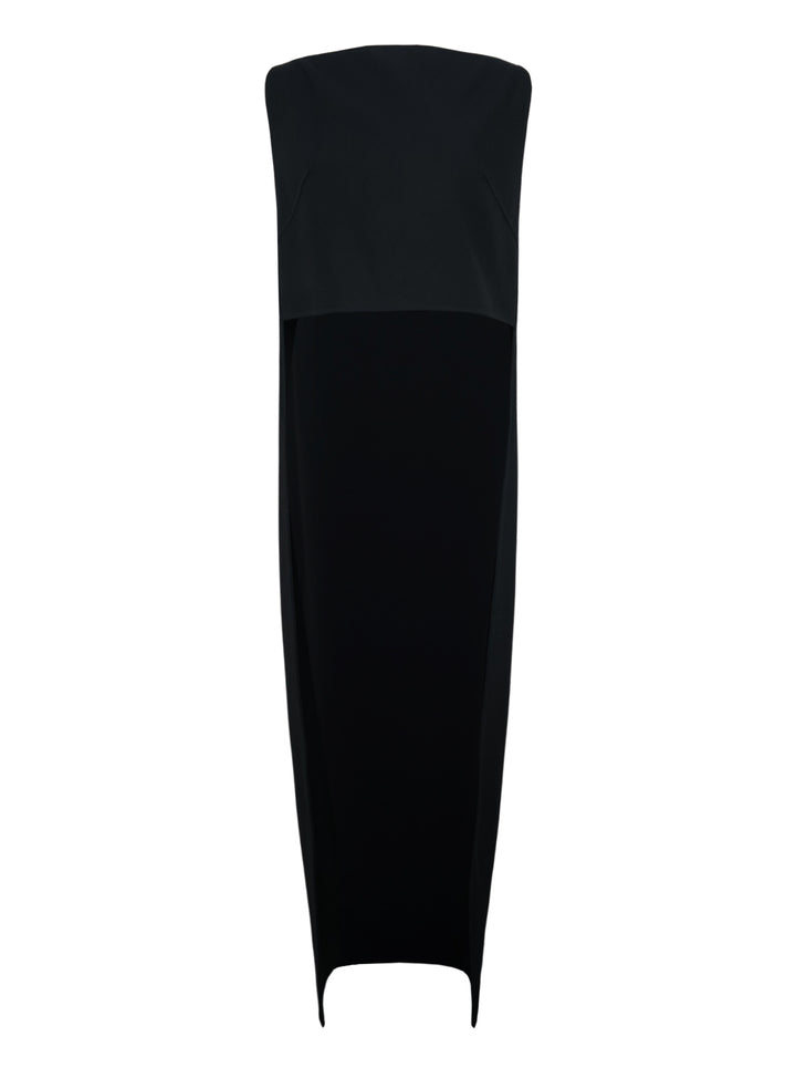 Jil Sander black strapless top with structured bodice, column silhouette, and double split hem detail, shown front-facing on white background