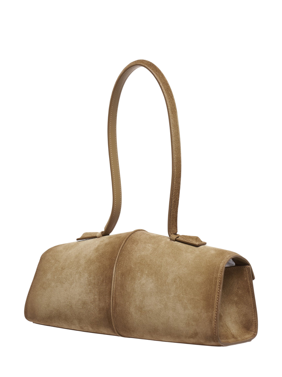 Jil Sander Linea soft suede shoulder bag in camel, featuring an angular structured silhouette, single flat top handle, fold-over flap closure, and tonal embossed logo - view 2
