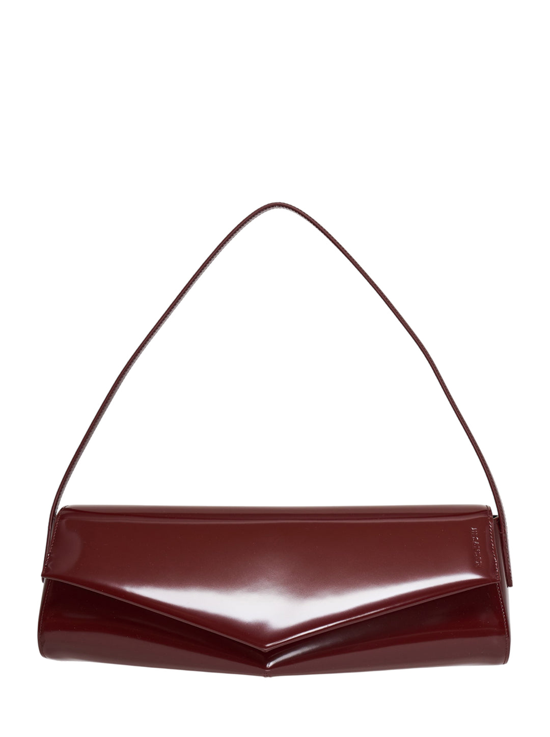 Jil Sander Kante Flap Shoulder Bag in deep burgundy semi-shiny leather with angular chevron envelope flap and slim structured strap
