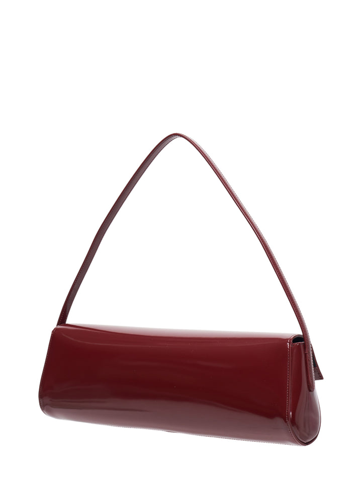 Jil Sander Kante Flap Shoulder Bag in deep burgundy semi-shiny leather with angular chevron envelope flap and slim structured strap - view 2