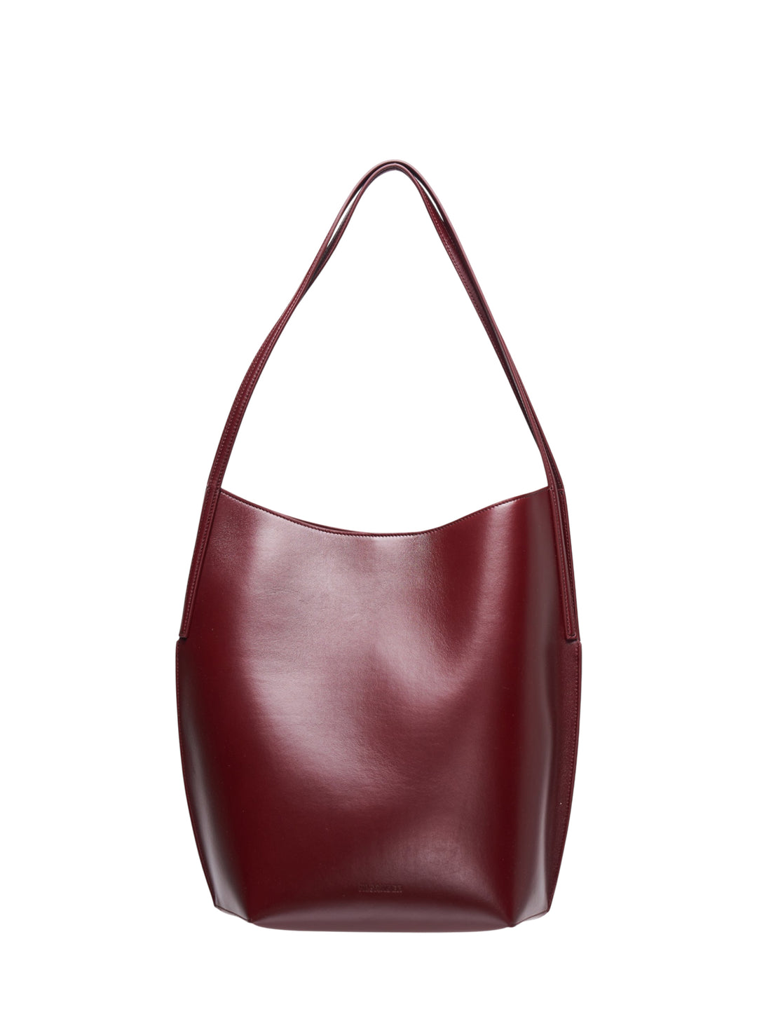 Jil Sander Kante Tote in deep burgundy shiny lambskin leather with a slim shoulder strap and open-top structured silhouette, front view