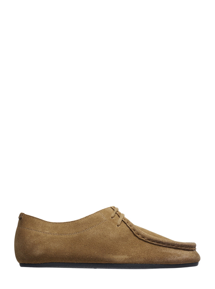 Jil Sander Hood lace-up flat shoe in tan suede calf leather with apron toe stitching and tonal laces, lateral view