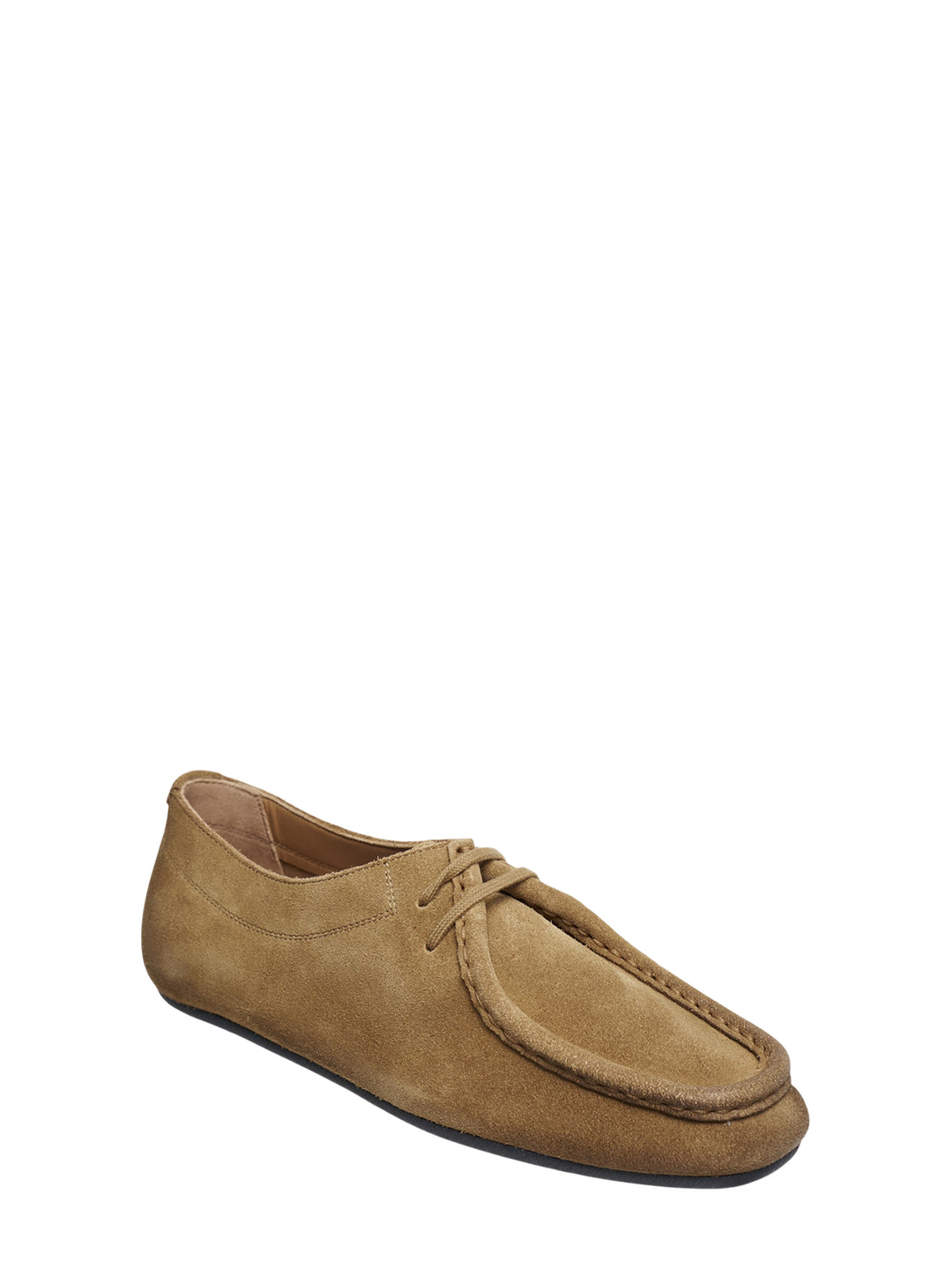 Jil Sander Hood lace-up flat shoe in tan suede calf leather with apron toe stitching and tonal laces, lateral view - view 2