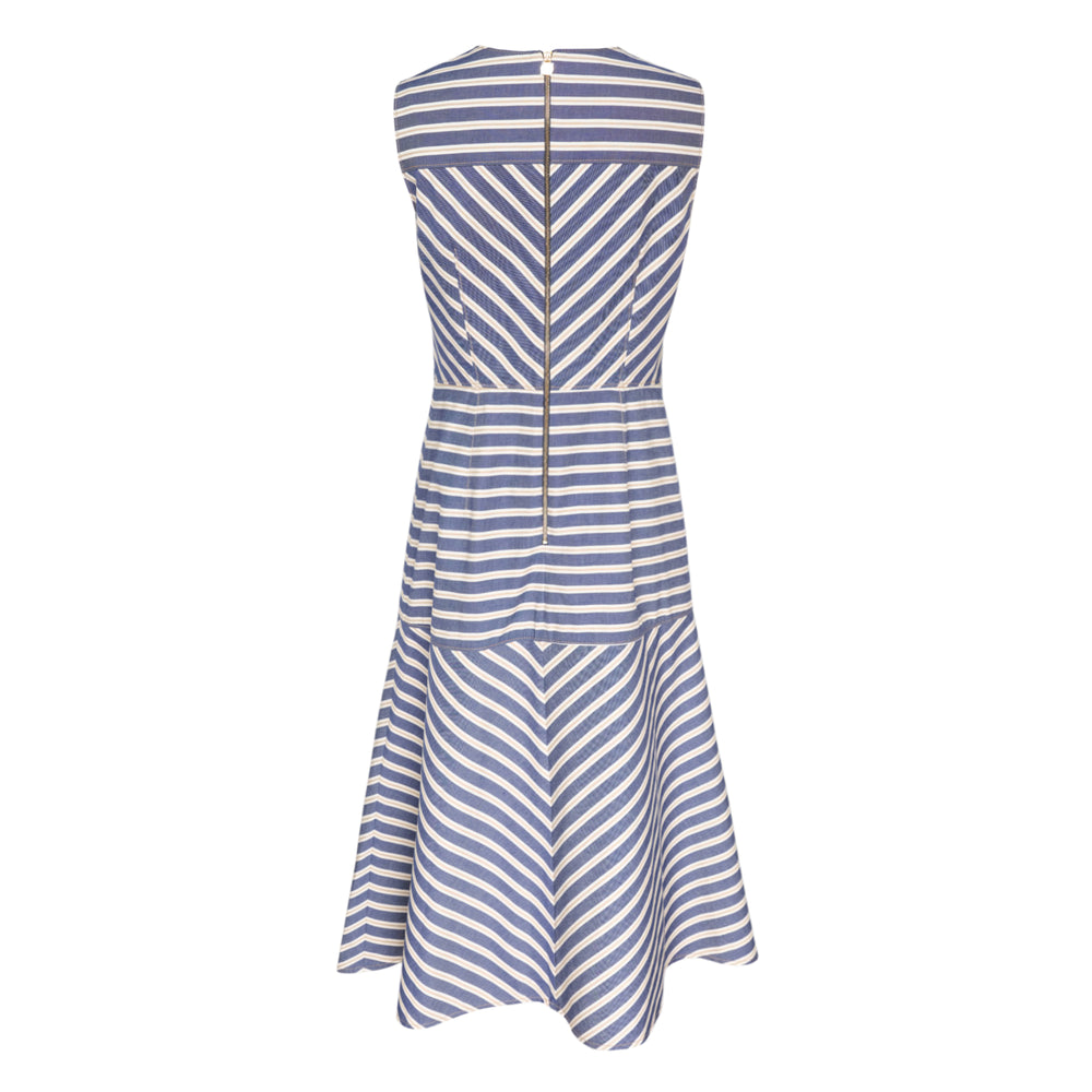 Carolina Herrera sleeveless crew neck A-line midi dress in blue and white seersucker stripe with chevron-engineered bodice and button-front skirt panel