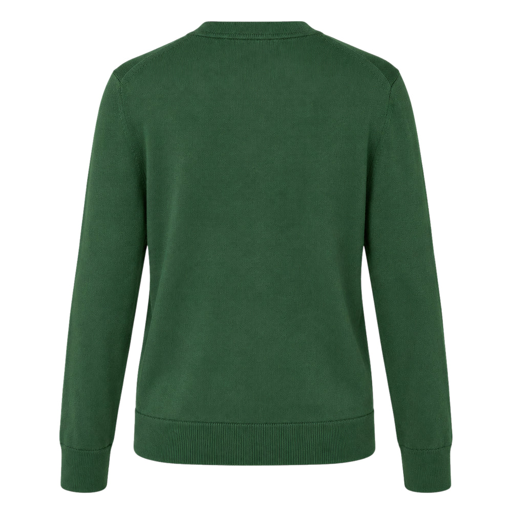 Carolina Herrera forest green long sleeve crew neck sweater with a large multi-floral embroidered bouquet featuring pink roses, hydrangeas, and wildflowers on the chest