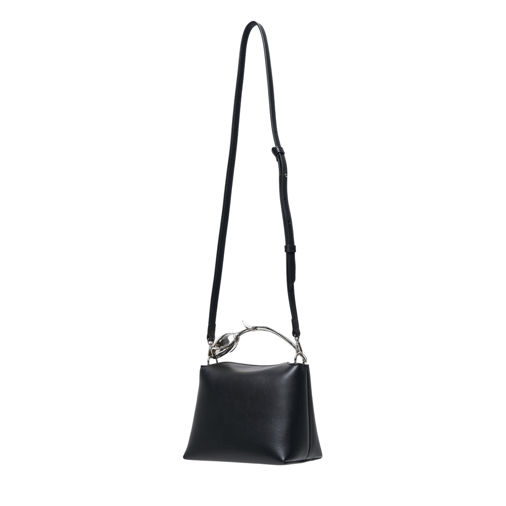 Erdem Mini Bloom Bag in black leather with sculptural silver-tone rose metal handle and adjustable crossbody strap, displayed on white background