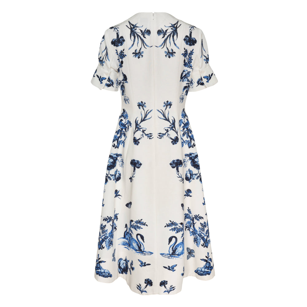 Erdem white cotton faille midi dress with blue toile-inspired botanical, bird, and butterfly embroidered print, crew neckline, short flutter sleeves, and A-line skirt