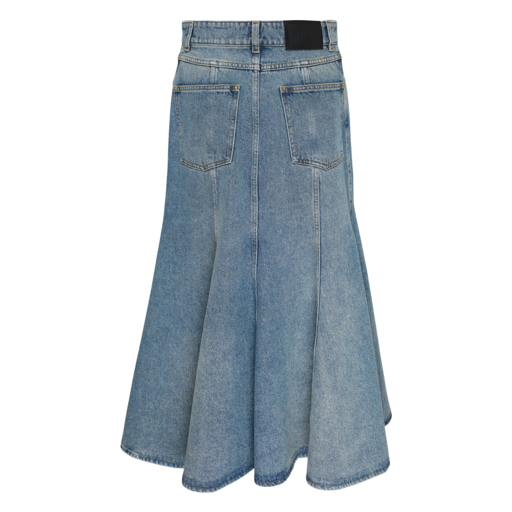 Erdem mid-wash denim midi skirt with a mermaid flared hem and white floral embroidery on the lower panel, featuring a high-rise waistband and five-pocket detailing