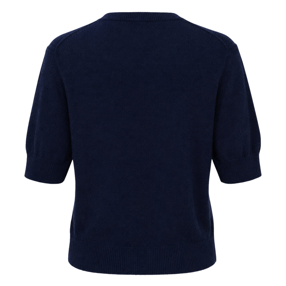 Erdem navy fine alpaca blend short sleeve crew neck knit top with white lace appliqué botanical and bird embroidery details