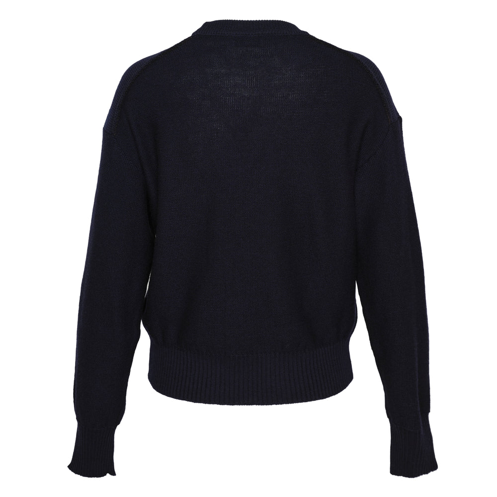 Erdem Fine Merino Wool Floral Jumper in navy with tonal dark floral appliqué cascading across the front and signature script embroidery, featuring a ribbed crew neck, cuffs, and hem