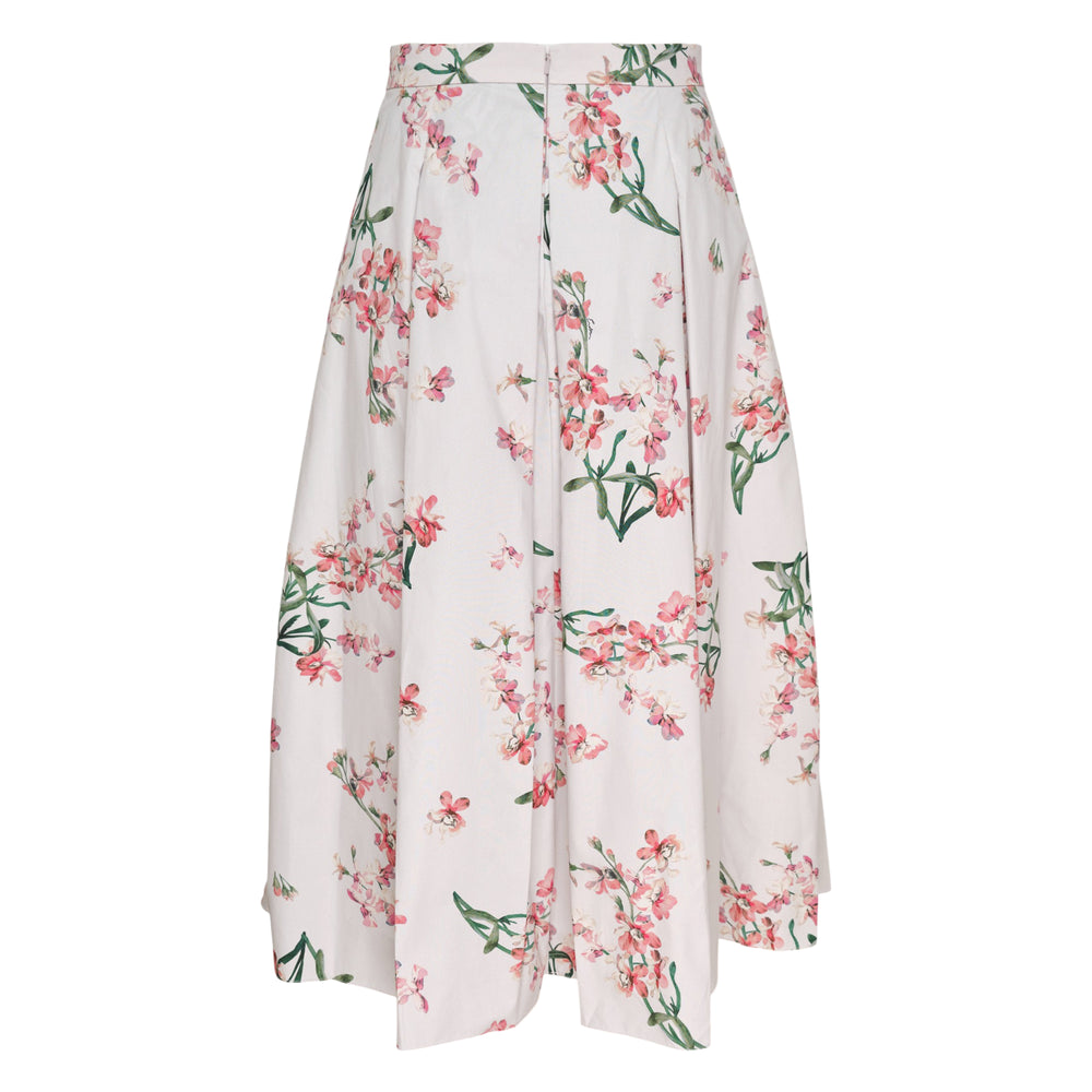 Erdem white cotton midi skirt with pink cherry blossom floral print and box-pleated A-line silhouette