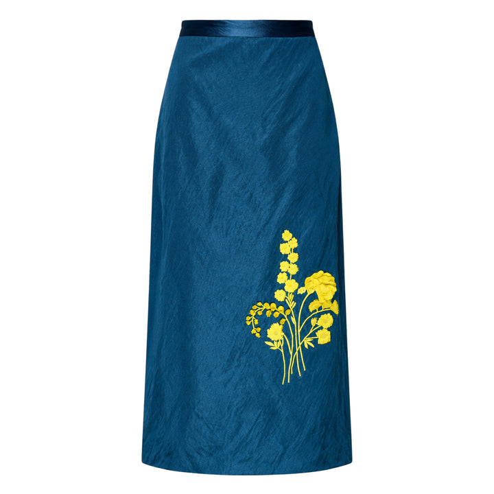 Embroidered Textured Satin Midi Skirt