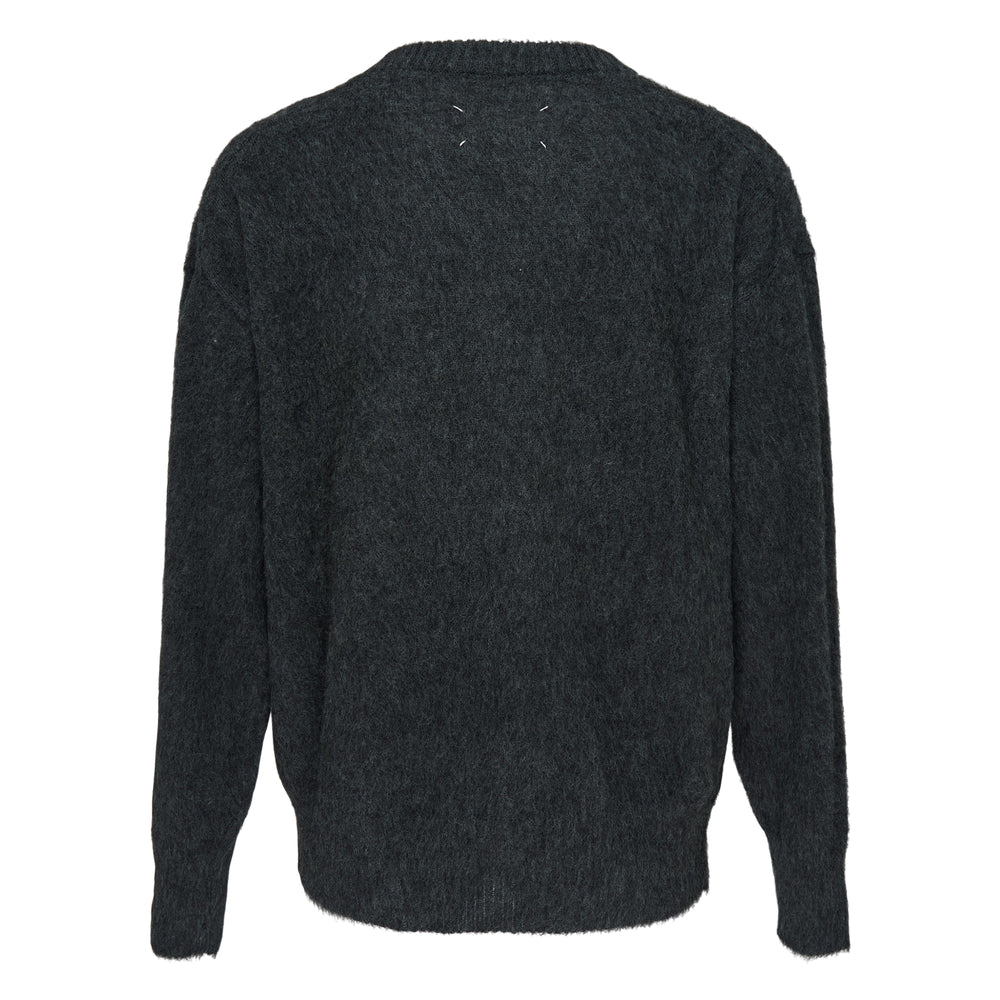 Maison Margiela charcoal grey brushed mohair-blend crewneck sweater featuring an intarsia-knit graphic of a bald eagle in flight over an alpine river with snow-capped mountains and pine trees