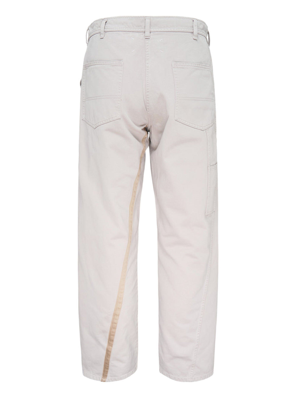 Maison Margiela stone cotton pants with a twisted seam and contrast tan tape trim, shown from the front - view 2