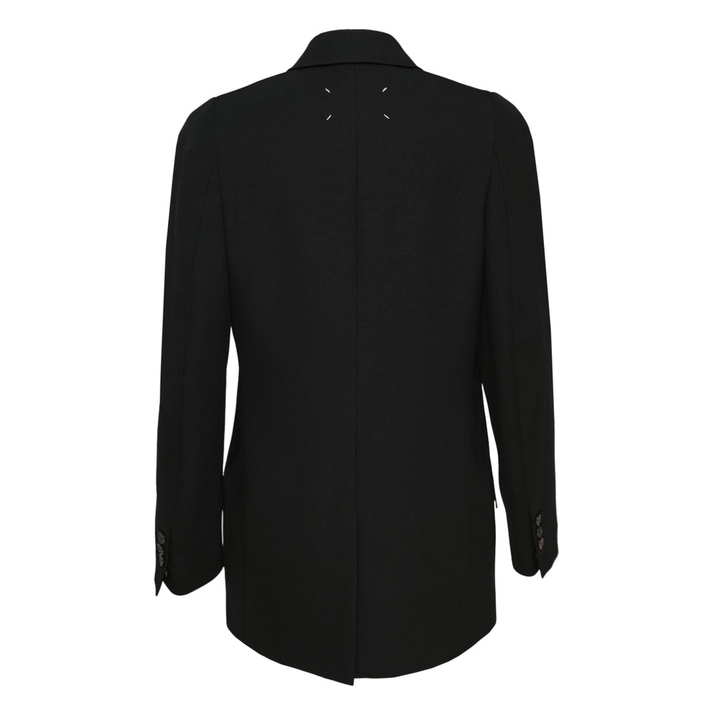 Maison Margiela black double-breasted blazer with peak lapels, six-button fastening, and hip flap pockets, displayed flat on a white background