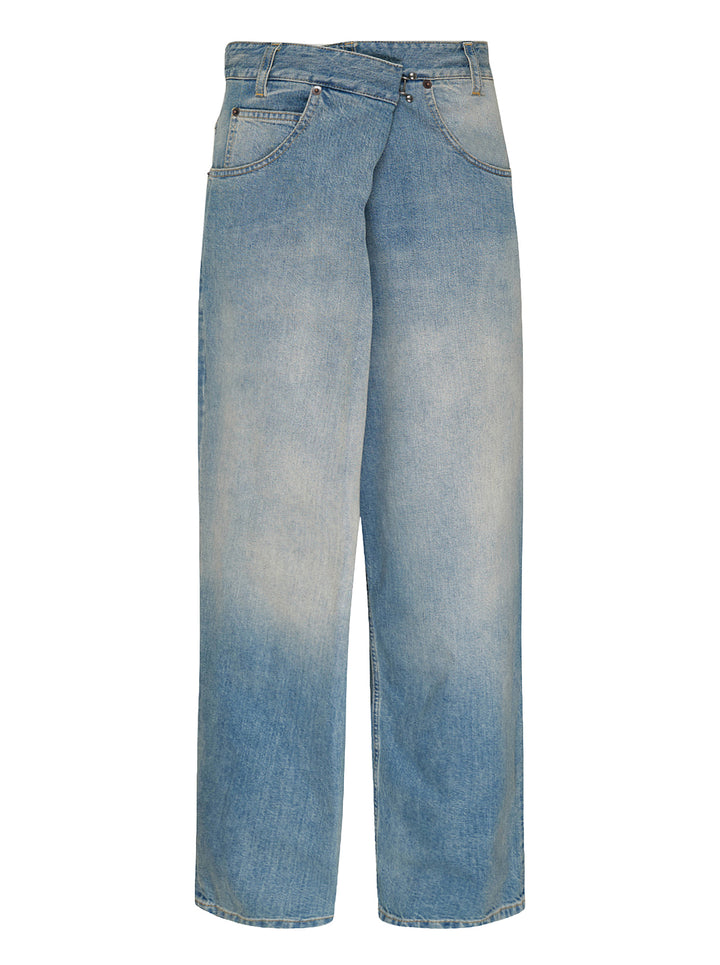 Maison Margiela wrap denim trousers in faded light-blue wash with asymmetric crossover waistband and wide straight leg