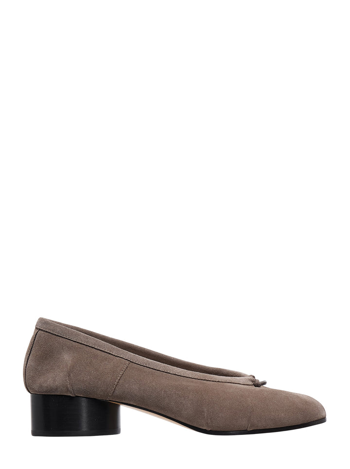 Maison Margiela Tabi ballerina flats in taupe suede with split toe, small bow detail and black cylindrical block heel, shown in side profile