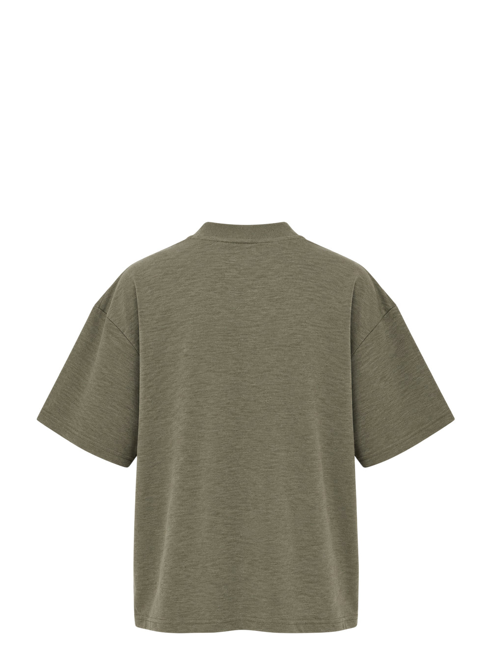 Bonbom olive green heathered oversized t-shirt with a raw-edge trapezoid logo patch at the chest, shown from the front - view 2