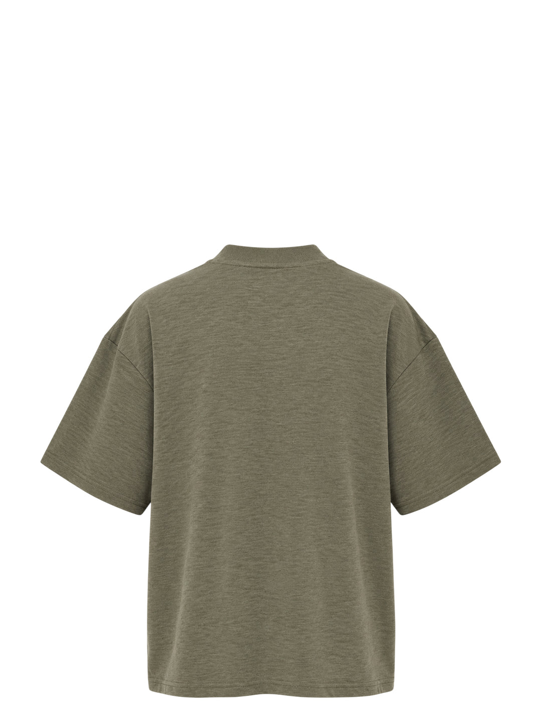 Bonbom olive green heathered oversized t-shirt with a raw-edge trapezoid logo patch at the chest, shown from the front - view 2