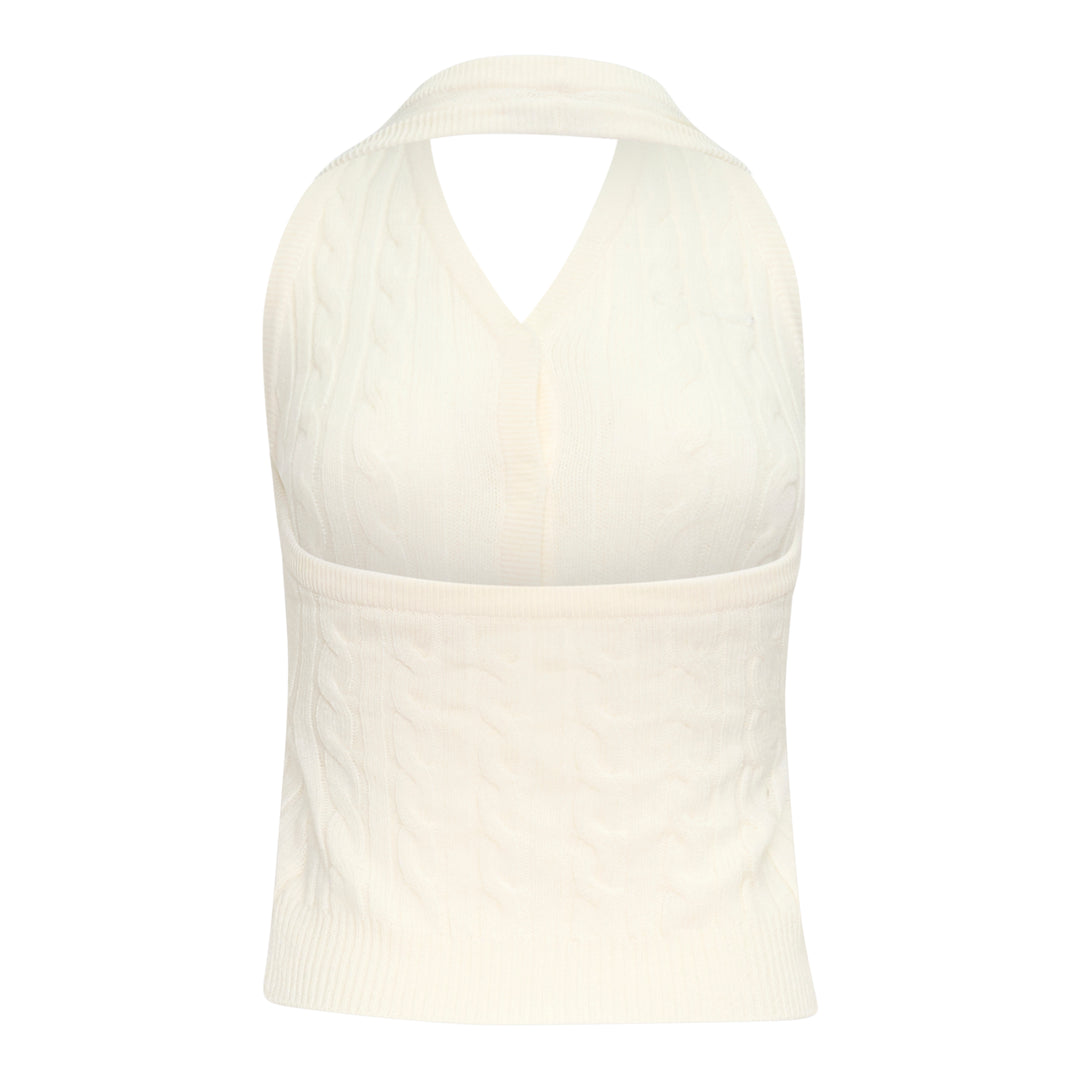 Bonbom cream cable knit cardigan vest with V-neckline, dark button fastening, and woven logo patch detail