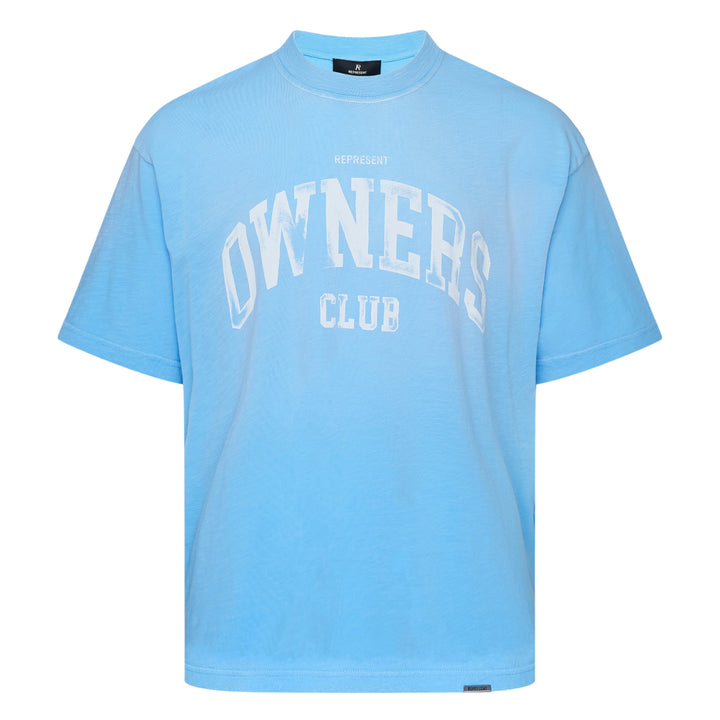 Represent Owners Club T-Shirt in sky blue with tonal collegiate arch graphic, relaxed oversized fit, flat lay product shot