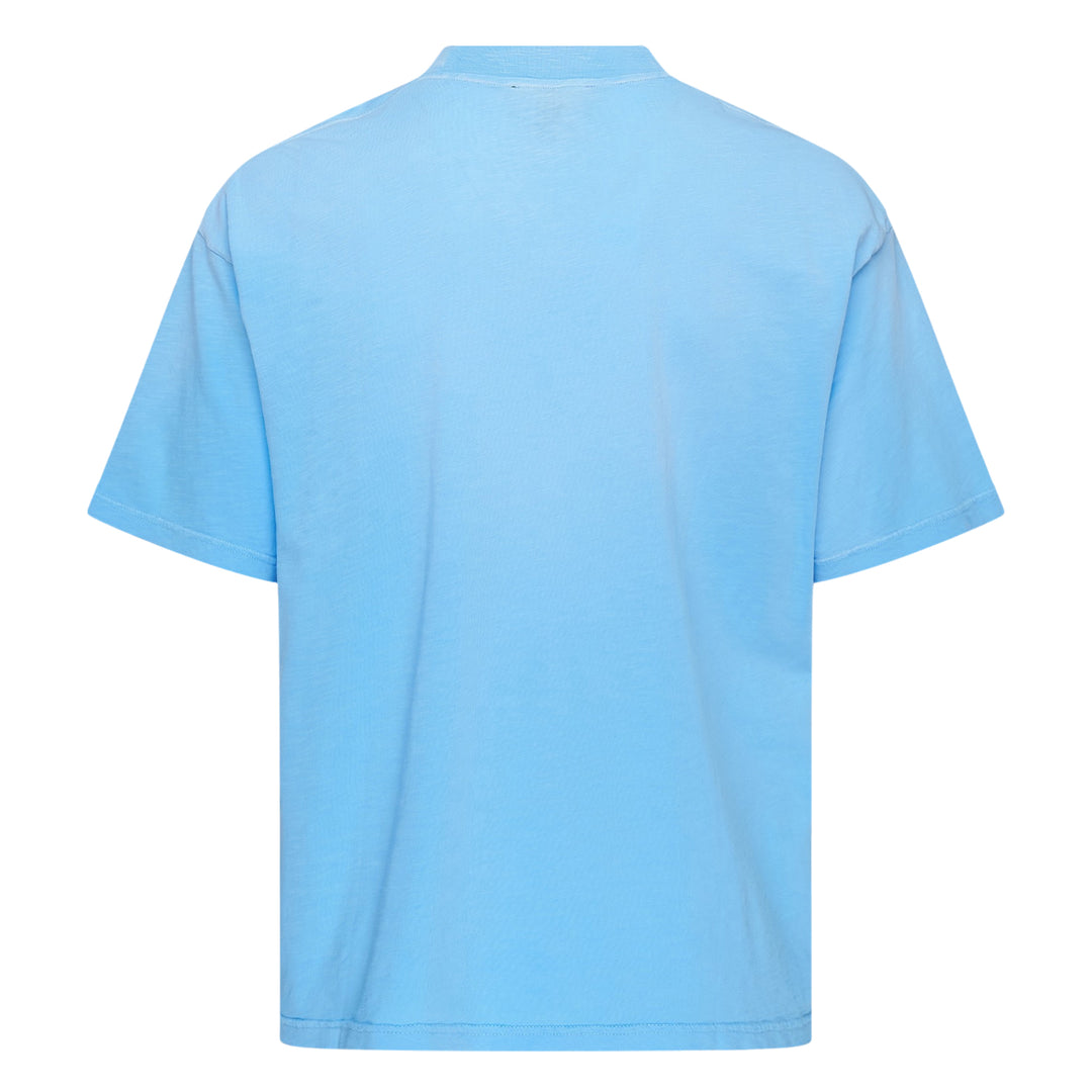 Represent Owners Club T-Shirt in sky blue with tonal collegiate arch graphic, relaxed oversized fit, flat lay product shot