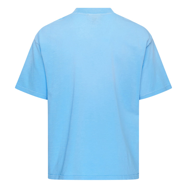 Represent Owners Club T-Shirt in sky blue with tonal collegiate arch graphic, relaxed oversized fit, flat lay product shot
