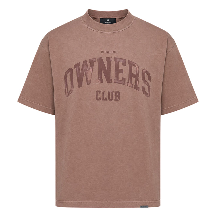 Represent Owners Club T-Shirt in sky blue with tonal collegiate arch graphic, relaxed oversized fit, flat lay product shot