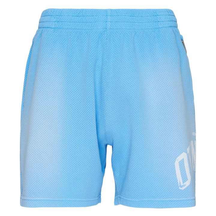 Represent Owners Club Mesh Shorts in sky blue with collegiate arch graphic print and cream drawstring waistband