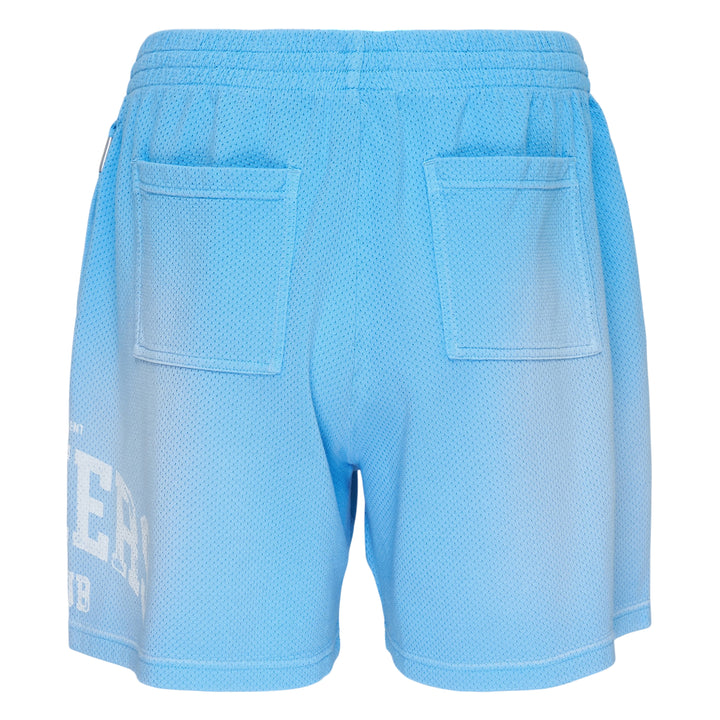 Represent Owners Club Mesh Shorts in sky blue with collegiate arch graphic print and cream drawstring waistband