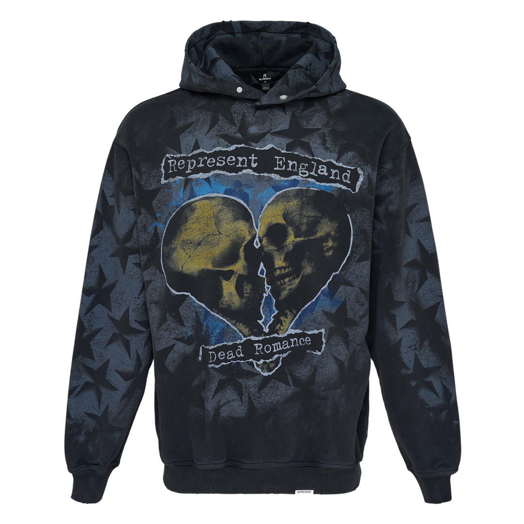 Represent Dead Romance pullover hoodie in washed black with all-over star print and dual skull broken heart graphic on the chest