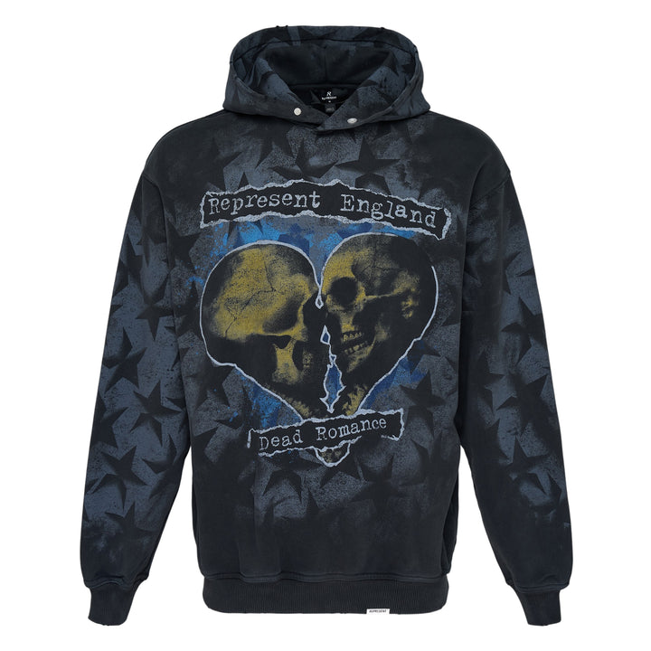 Represent Dead Romance pullover hoodie in washed black with all-over star print and dual skull broken heart graphic on the chest