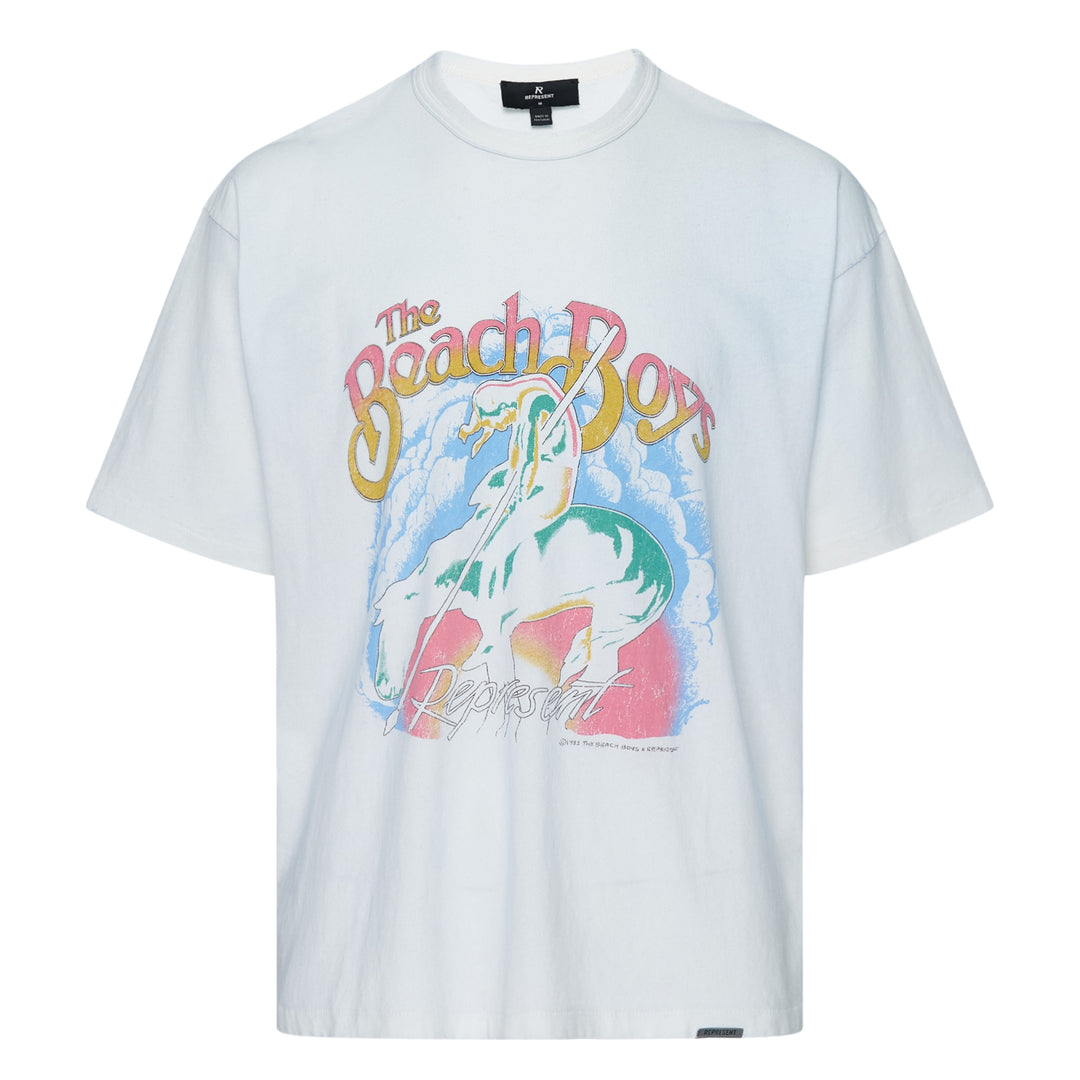 Represent x The Beach Boys Endless Summer white vintage-washed oversized graphic tee with retro surf-inspired chest print featuring clouds and a surfer figure