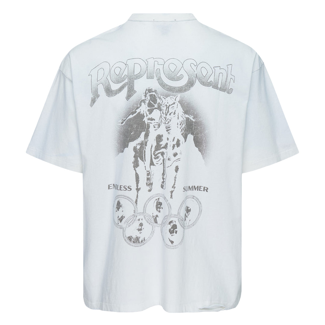 Represent x The Beach Boys Endless Summer white vintage-washed oversized graphic tee with retro surf-inspired chest print featuring clouds and a surfer figure