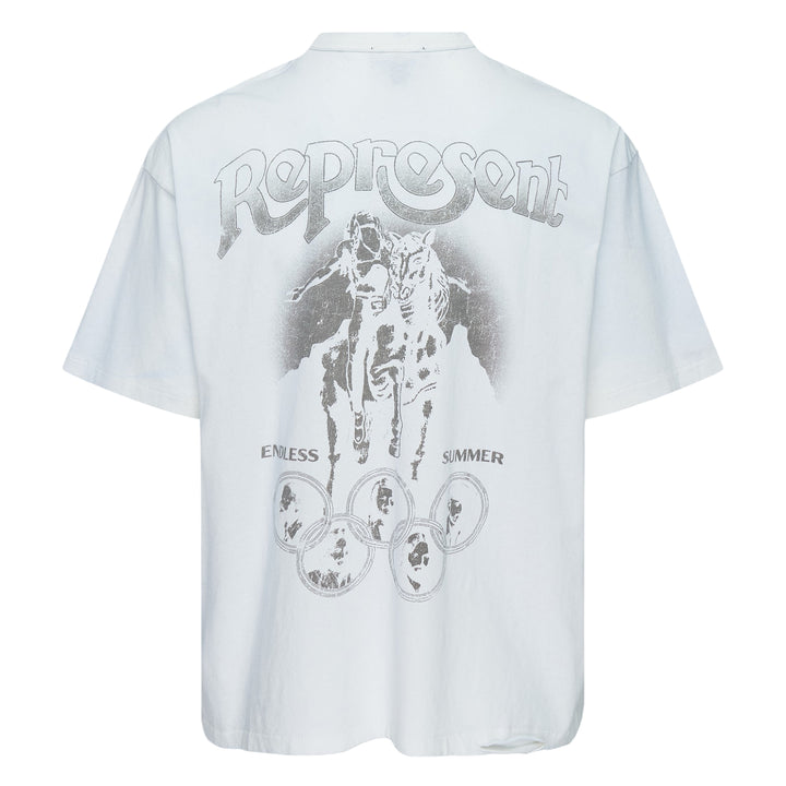 Represent x The Beach Boys Endless Summer white vintage-washed oversized graphic tee with retro surf-inspired chest print featuring clouds and a surfer figure