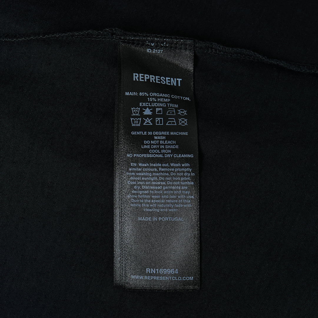 Represent Private Members T-Shirt in washed black, back view, featuring a gothic blackletter 'Represent England' graphic in teal and white with ornamental detailing beneath