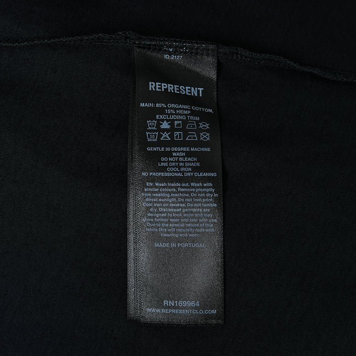 Represent Private Members T-Shirt in washed black, back view, featuring a gothic blackletter 'Represent England' graphic in teal and white with ornamental detailing beneath