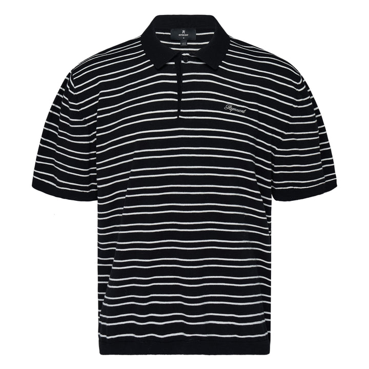 Represent California Striped Polo in black with white horizontal stripes, featuring a spread collar, partial button placket, script logo embroidery at the chest, and a short-sleeve fine-knit construction