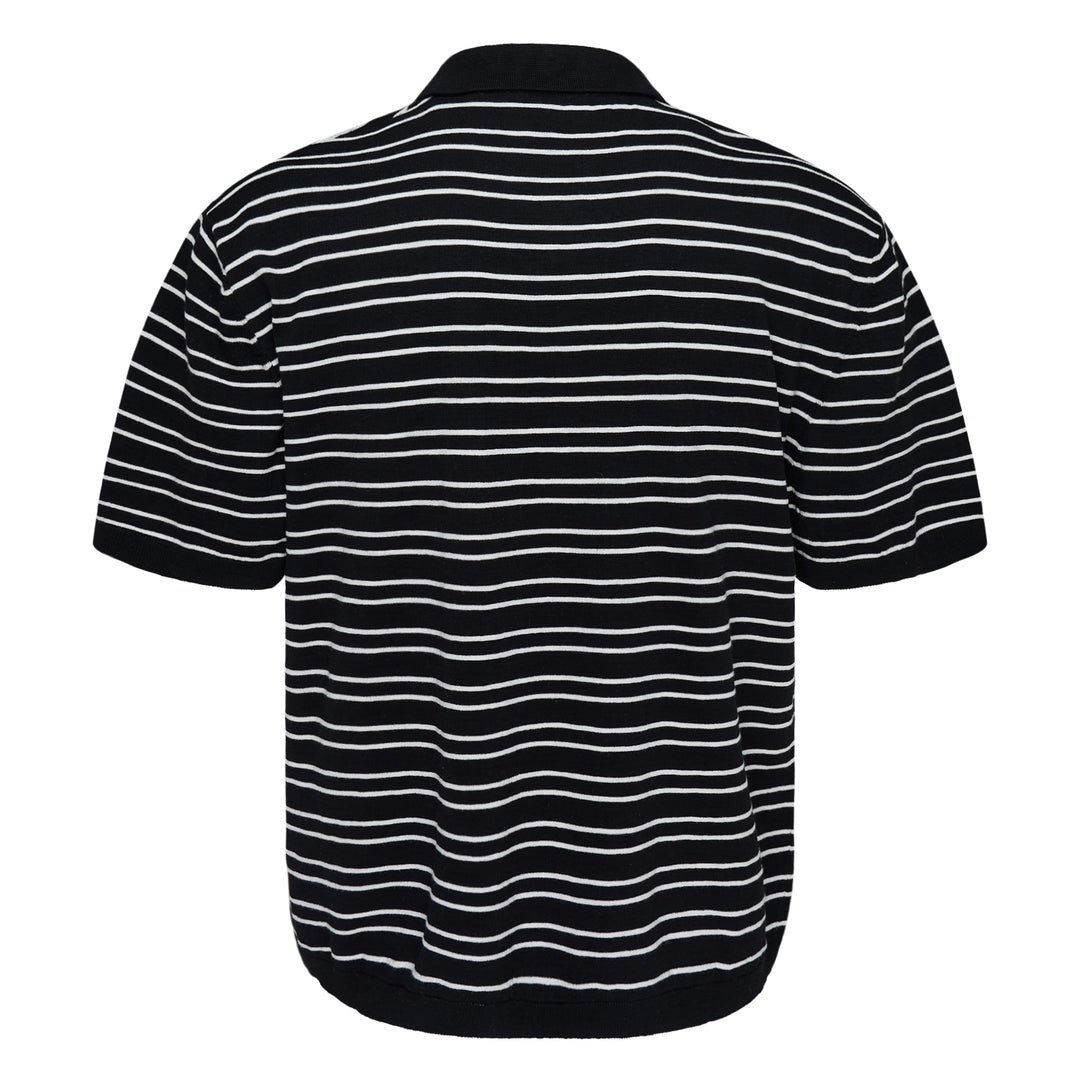 Represent California Striped Polo in black with white horizontal stripes, featuring a spread collar, partial button placket, script logo embroidery at the chest, and a short-sleeve fine-knit construction