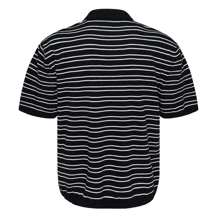 Represent California Striped Polo in black with white horizontal stripes, featuring a spread collar, partial button placket, script logo embroidery at the chest, and a short-sleeve fine-knit construction