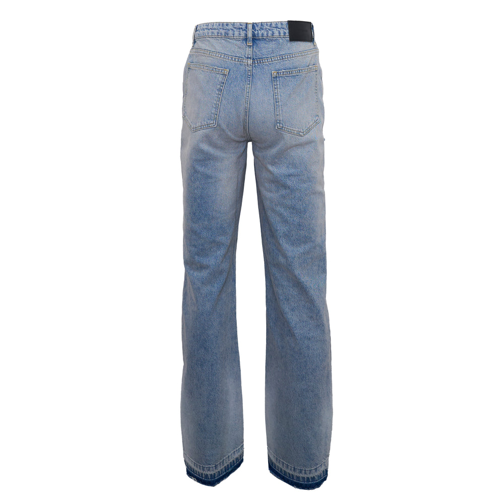 Represent Heaton Distressed Jeans in light blue stone-wash, straight-leg silhouette with rip detailing at the thigh and knee and a frayed hem, front view on white background - view 2